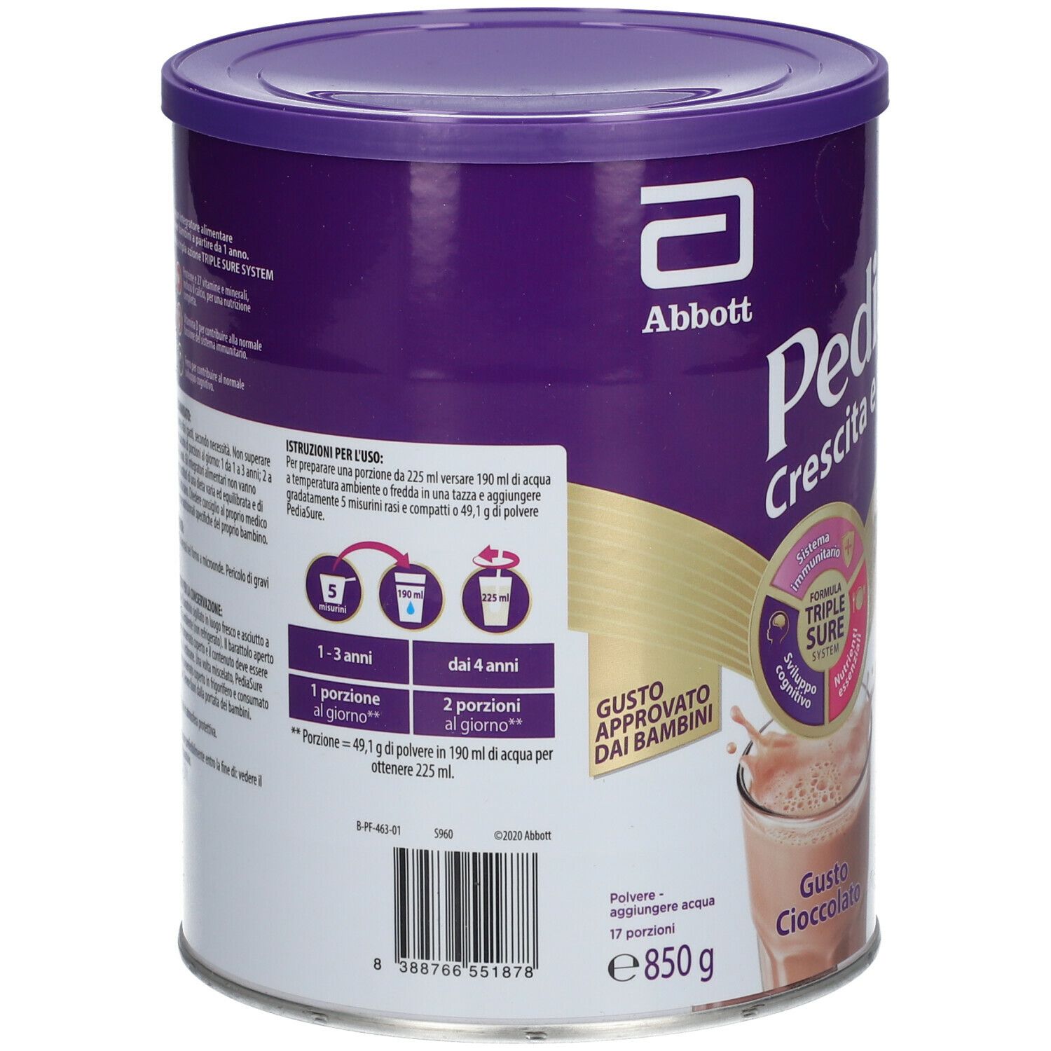 Retro del barattolo PediaSure. Istruzioni per la preparazione, ingredienti, informazioni nutrizionali.