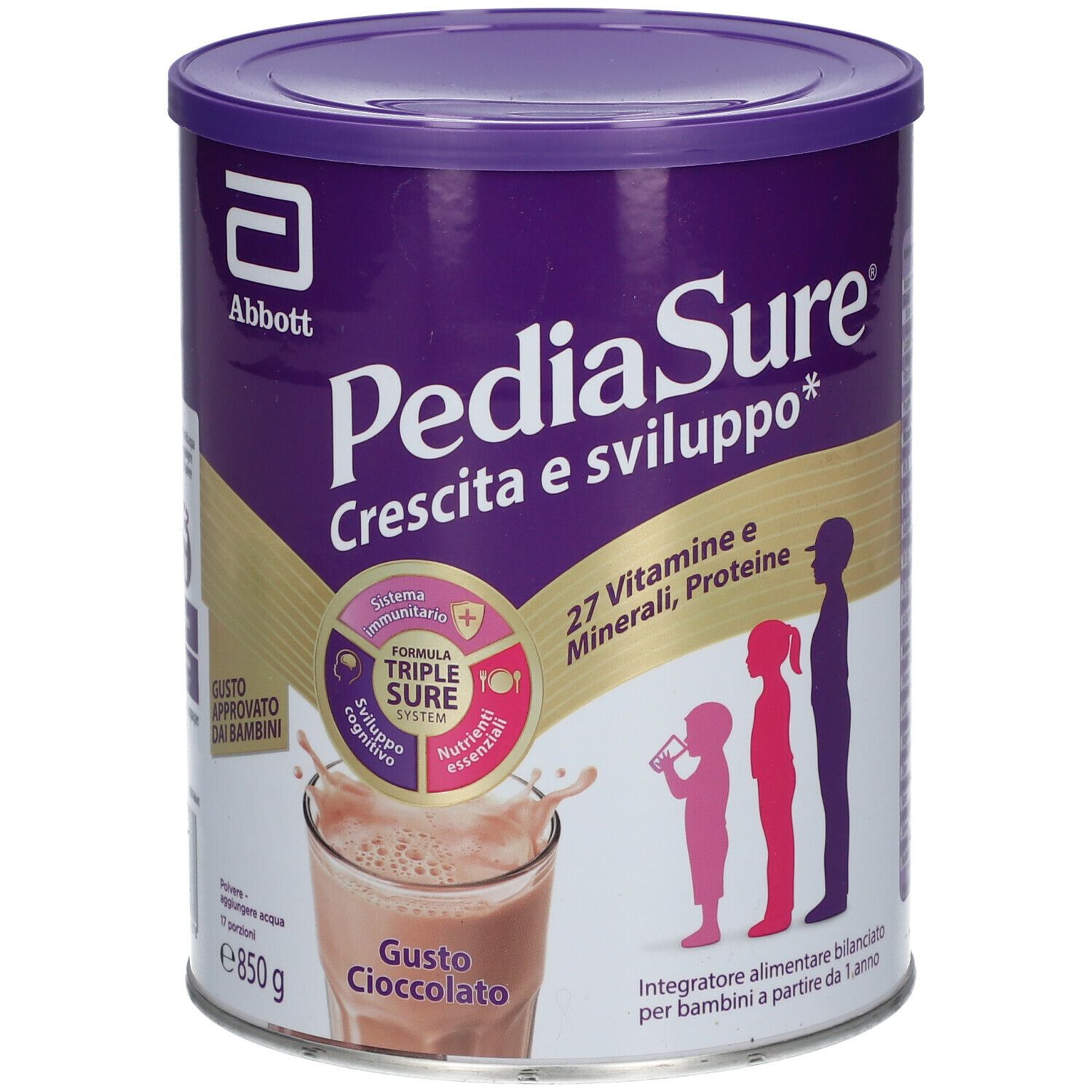 Barattolo PediaSure Crescita & Sviluppo, gusto Cioccolato. Barattolo viola con informazioni e illustrazioni.