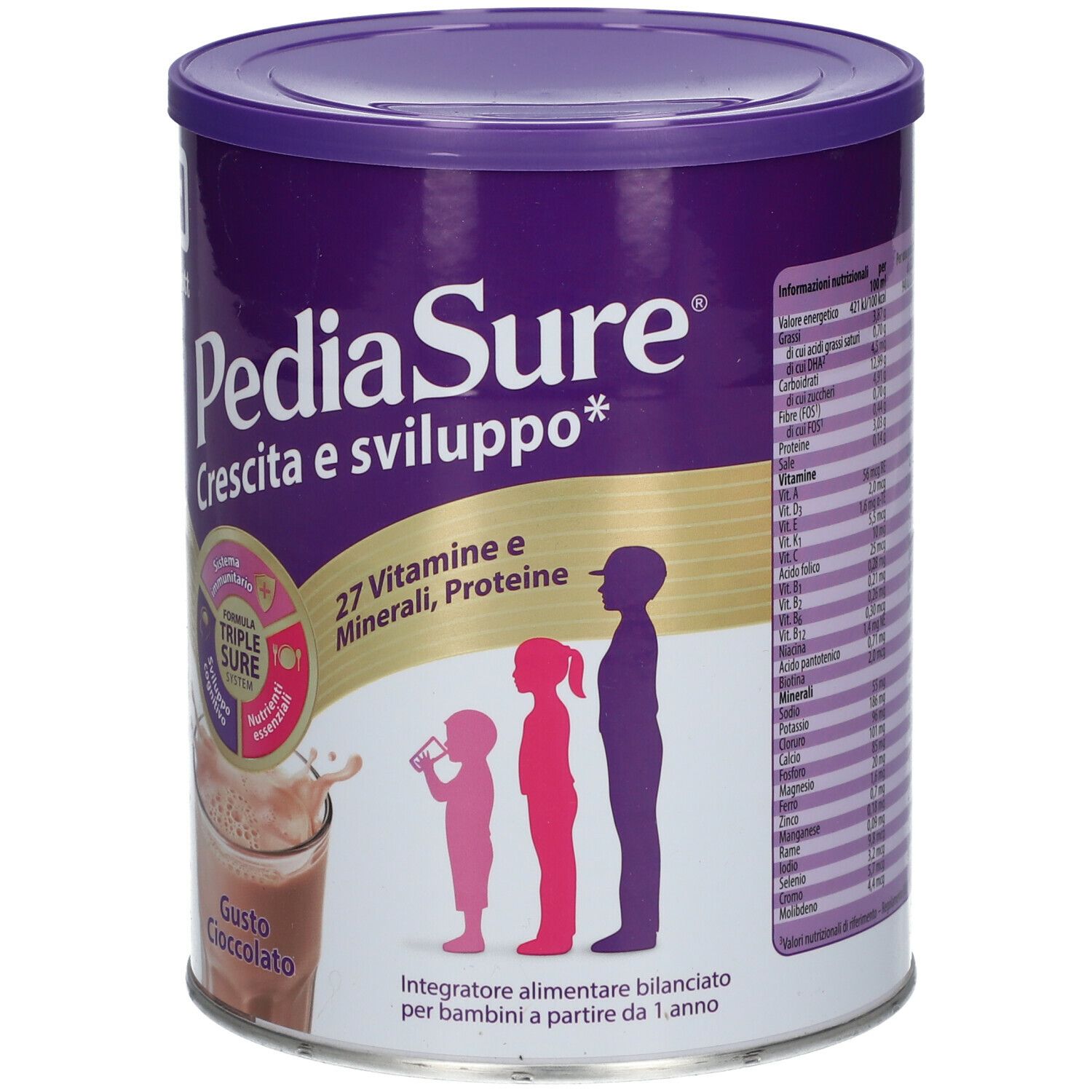 Retro del barattolo PediaSure. Informazioni nutrizionali per 100 ml e per porzione.