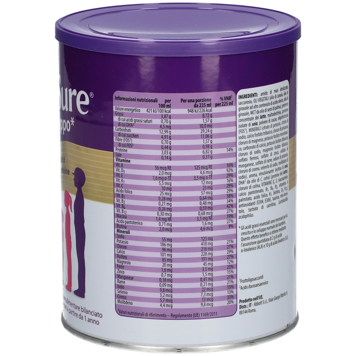 Retro del barattolo PediaSure. Elenco ingredienti e informazioni nutrizionali.