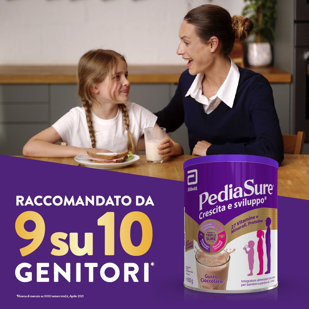 Madre e figlia a tavola. Barattolo PediaSure. Testo: Raccomandato da 9 su 10 genitori.