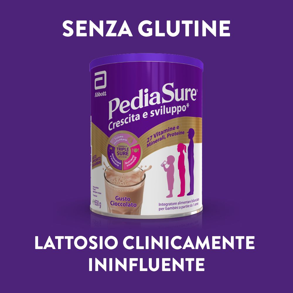 Barattolo PediaSure. Testo: Senza glutine, lattosio clinicamente ininfluente.