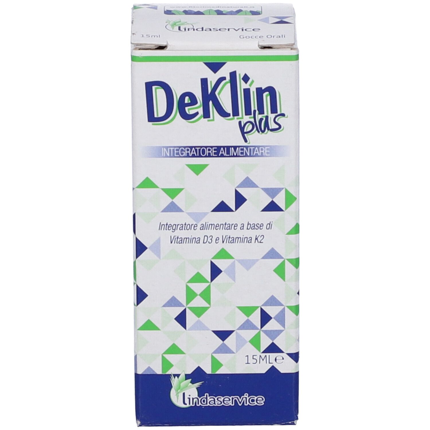 Confezione del prodotto. Contiene Deklin Plus. Scatola con nome e logo del prodotto. Motivi geometrici verdi e blu.