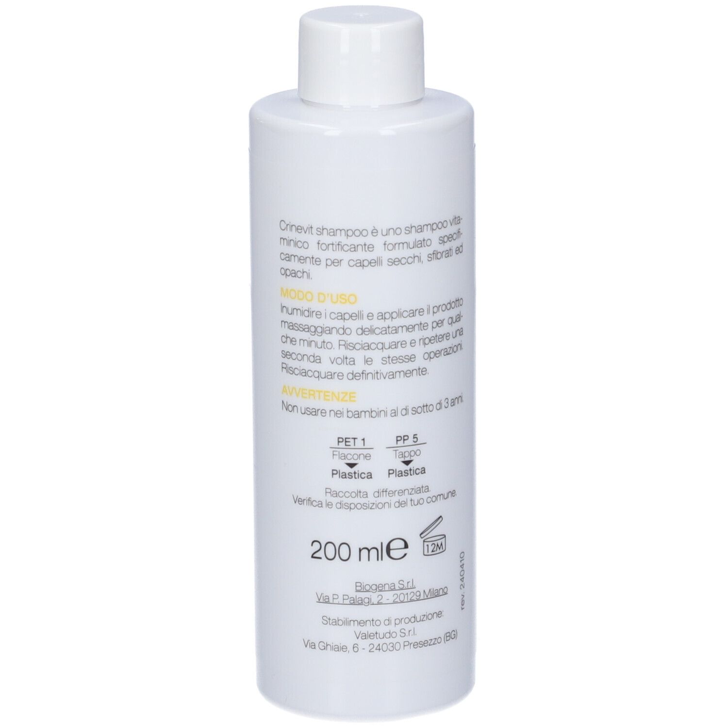 Weiße 200-ml-Flasche mit Shampoo, mit Anweisungen und Recycling-Symbolen.