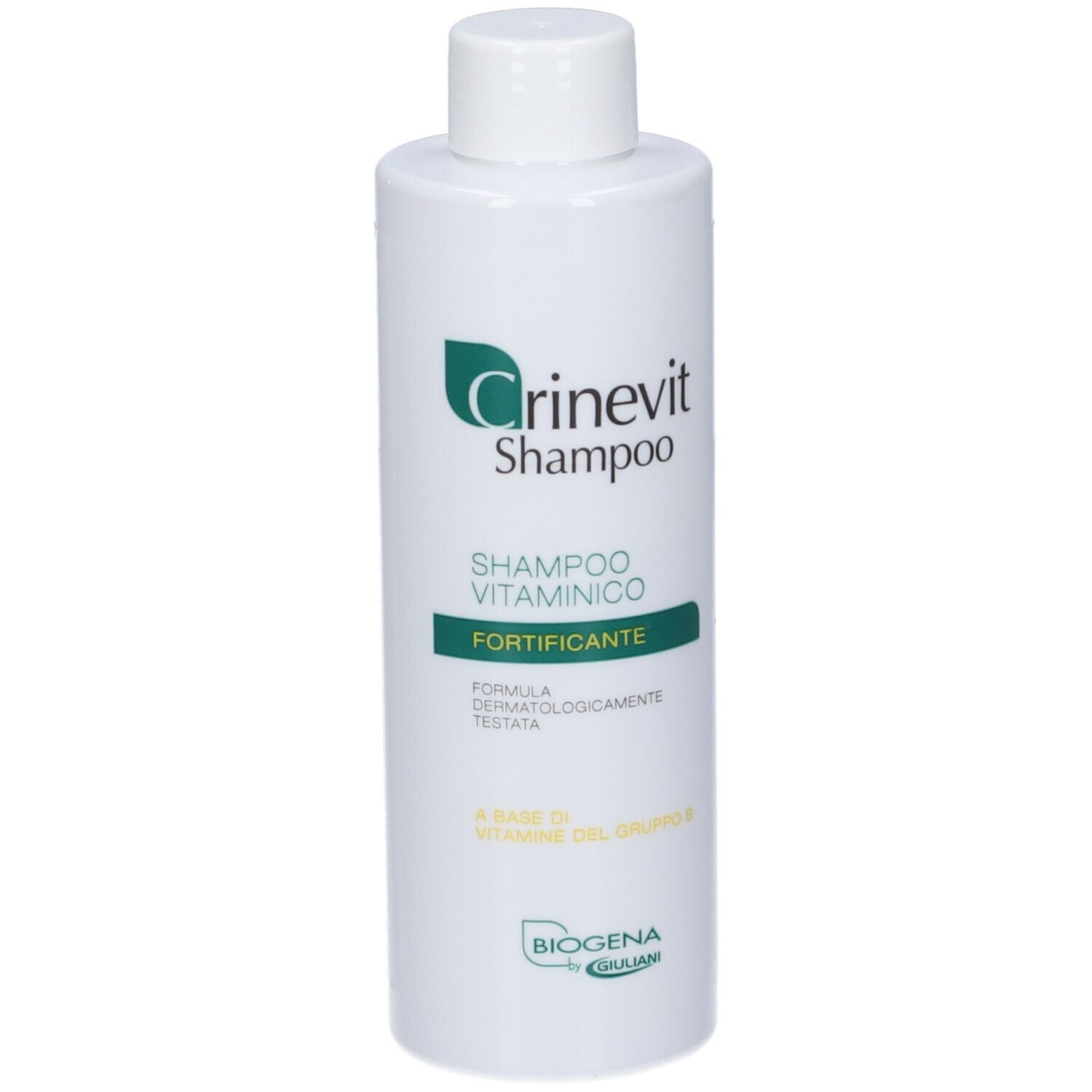 Weiße Flasche Crinevit Shampoo, Vitaminico Fortificante, dermatologisch getestet.