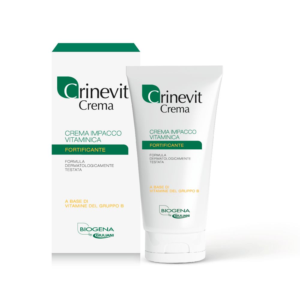 Tubo e scatola bianchi con stampa del prodotto. Scritto: Crinevit Crema, Creme Impacco Vitaminica, Fortificante. Biogena.