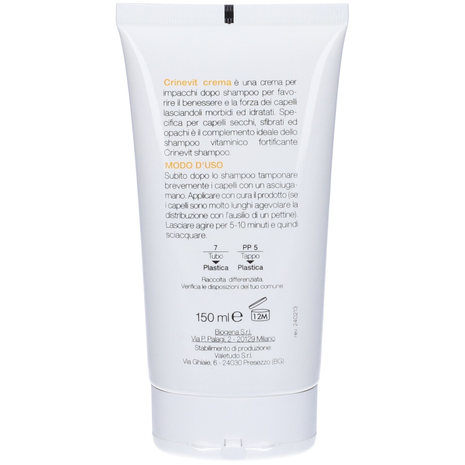 Retro del tubo. Testo: Crinevit Crema, Modo d'uso, 150 ml. Simboli di riciclaggio.