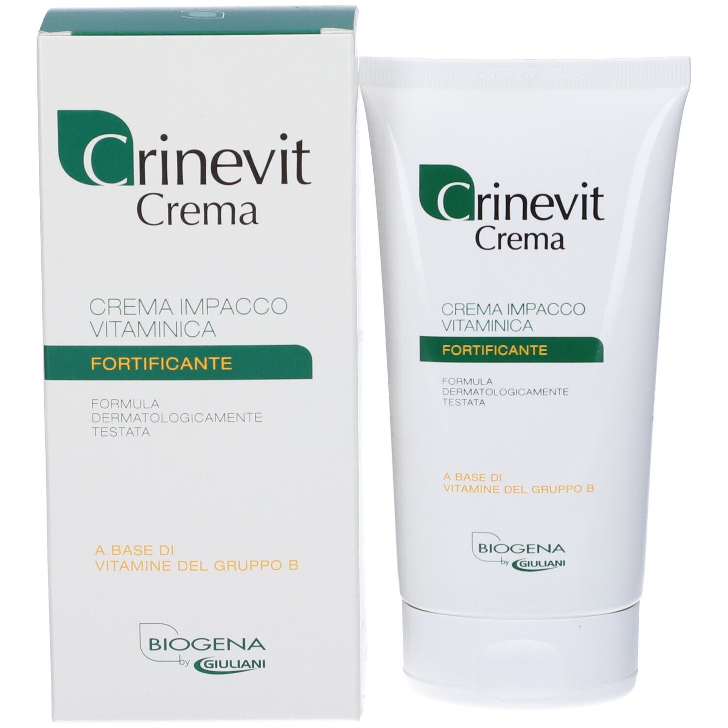 Tubo e scatola bianchi con stampa del prodotto. Scritto: Crinevit Crema, Creme Impacco Vitaminica, Fortificante. Biogena.