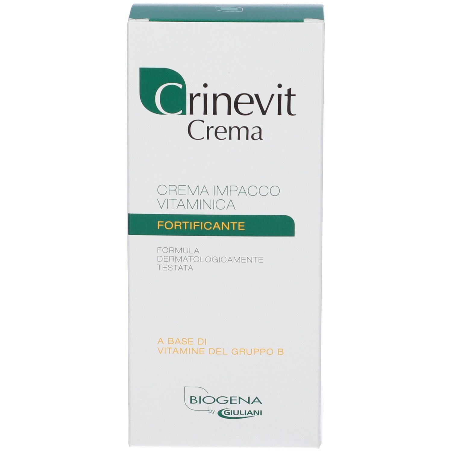 Scatola bianca con stampa del prodotto. Scritto: Crinevit Crema, Creme Impacco Vitaminica, Fortificante. Biogena.