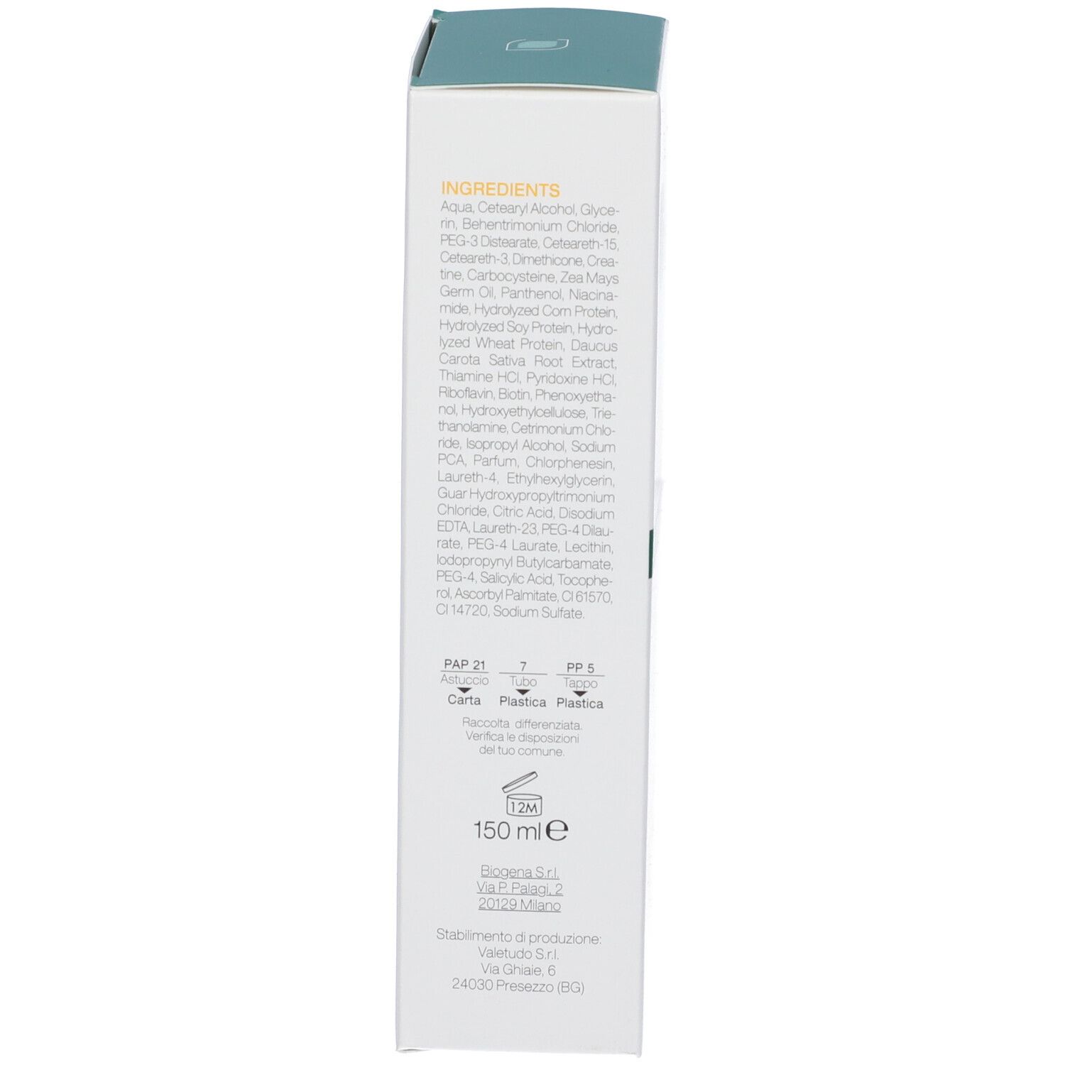 Scatola con ingredienti e informazioni. Testo: 150 ml. Simboli di riciclaggio.
