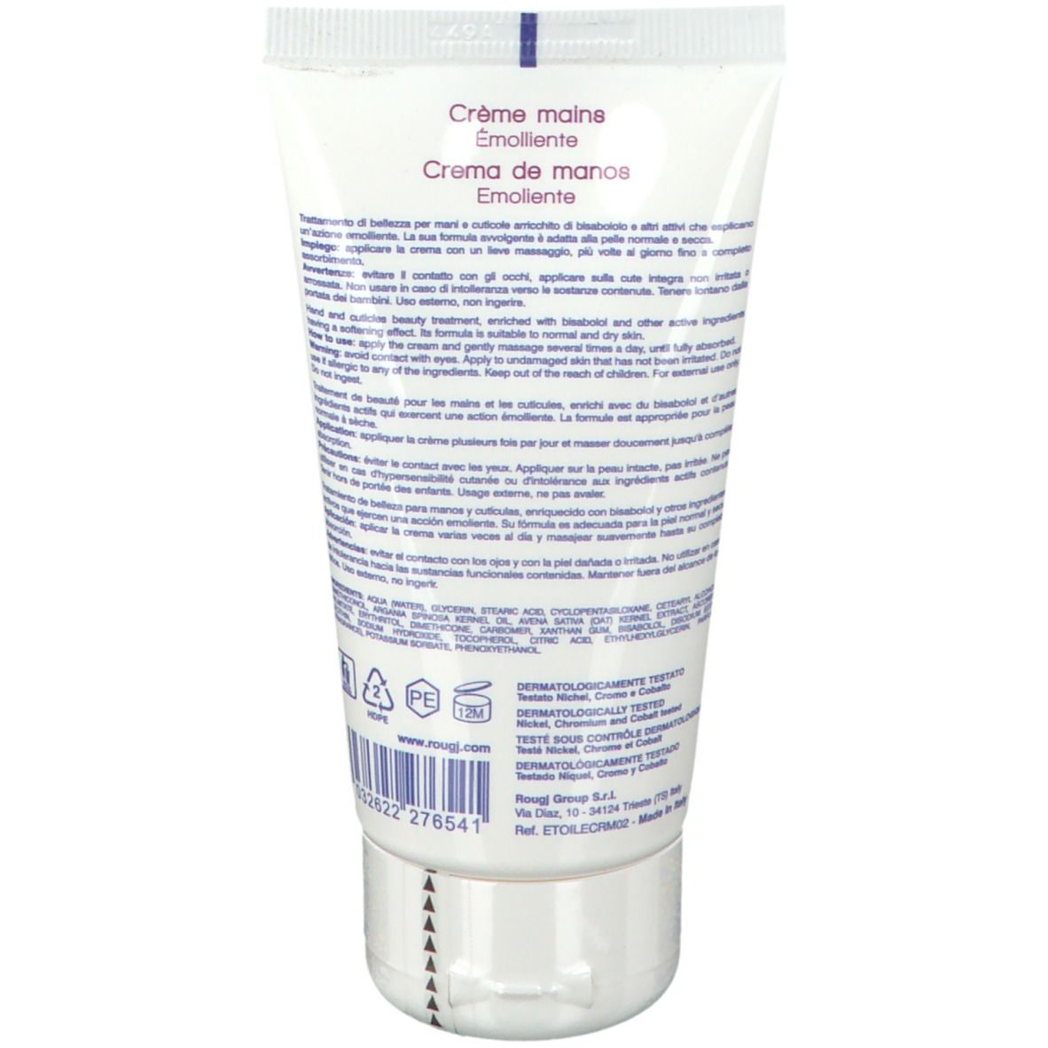 Dos d'un tube blanc. Texte multilingue. Crème mains et cuticules. Marque : Étoile by Rougj.
