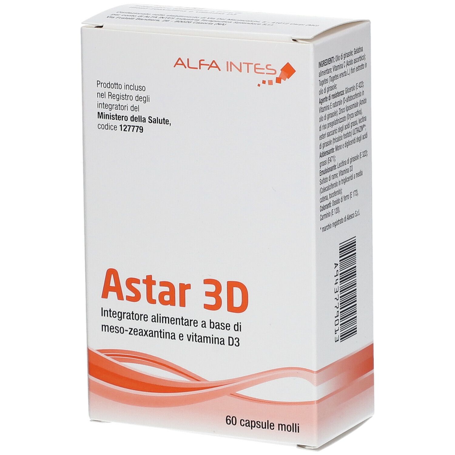 Scatola bianca Astar 3D. 60 capsule molli. Marchio ALFA INTES. Testo: Integratore alimentare.