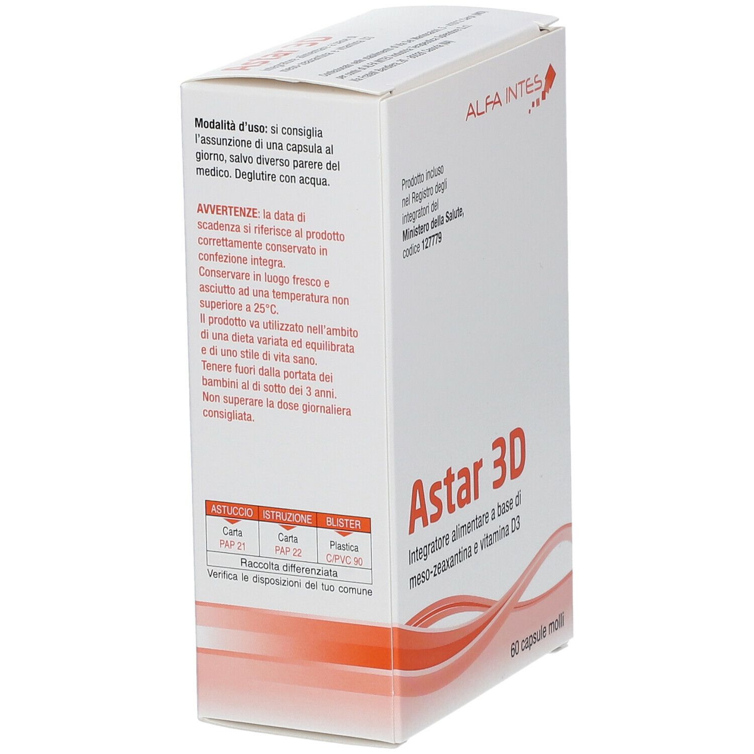 Scatola bianca Astar 3D. 60 capsule molli. Marchio ALFA INTES. Testo sul lato.