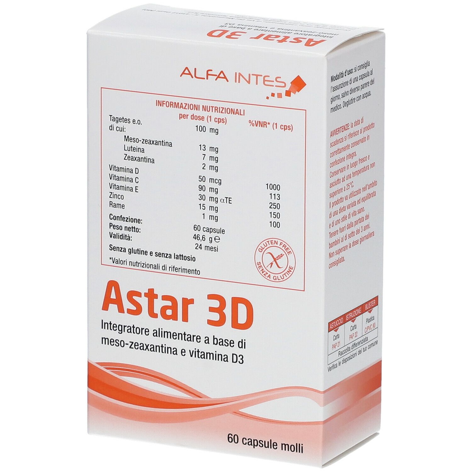 Scatola bianca Astar 3D. Informazioni nutrizionali. 60 capsule. Marchio ALFA INTES. Senza glutine.