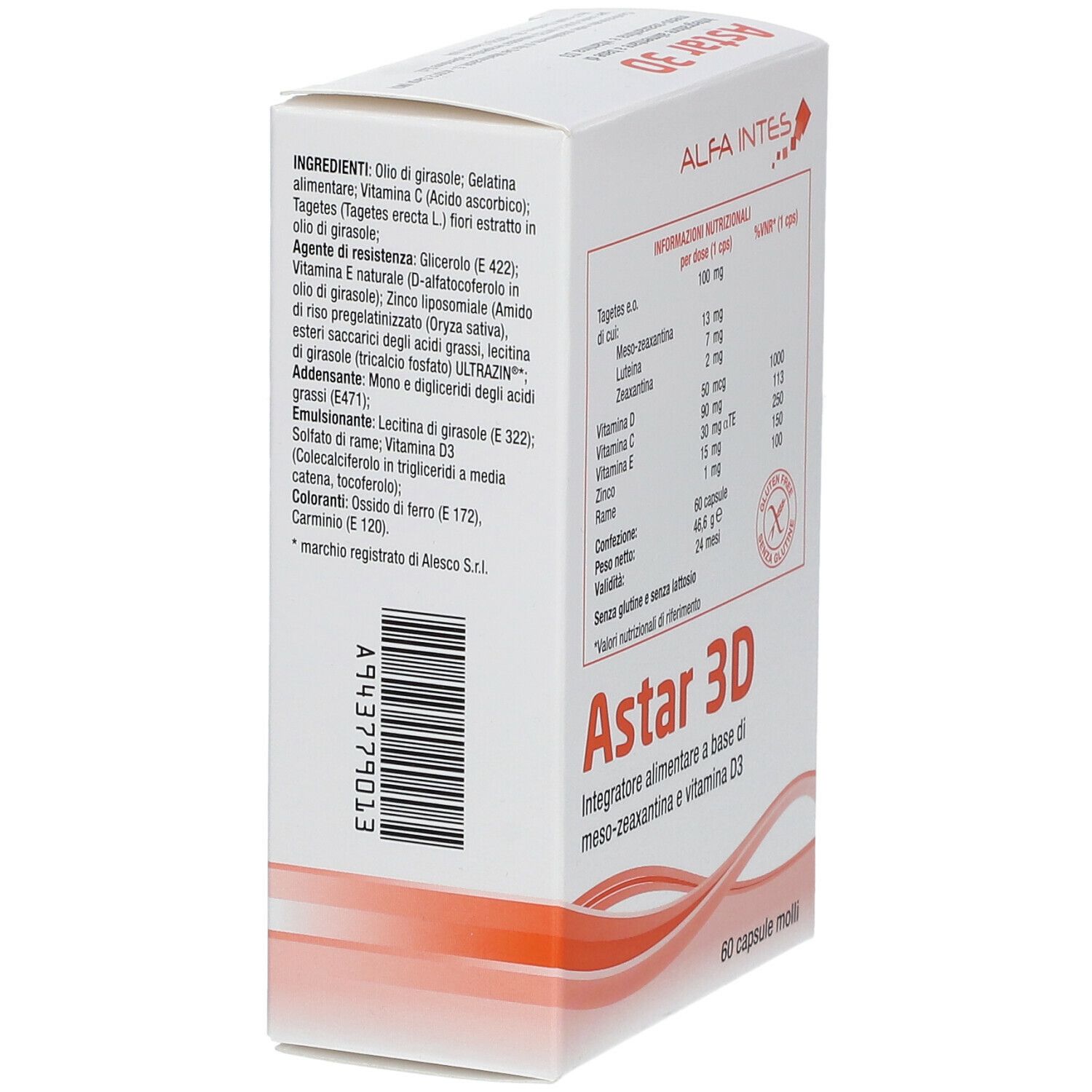 Scatola bianca Astar 3D. Ingredienti e informazioni nutrizionali. 60 capsule. Marchio ALFA INTES.