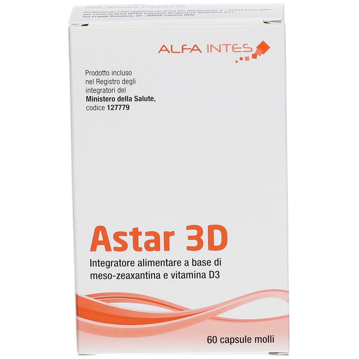 Scatola bianca Astar 3D. Marchio ALFA INTES. Testo: Integratore alimentare. 60 capsule.