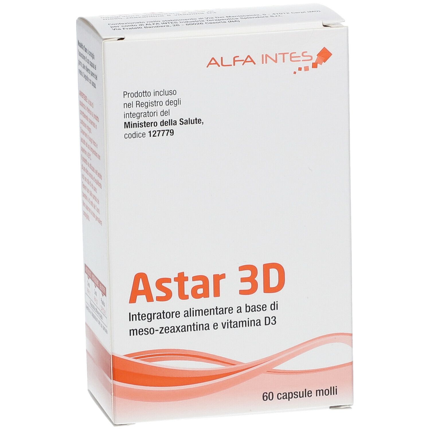 Scatola bianca Astar 3D. Marchio ALFA INTES. Testo: Integratore alimentare. 60 capsule.