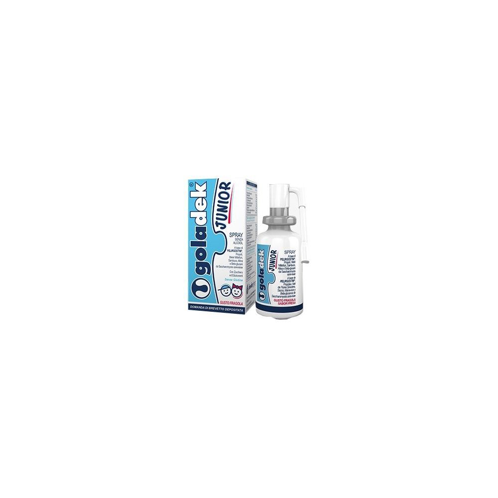 Spray Goladek Junior e confezione. Flacone spray bianco con erogatore e confezione blu con nome del prodotto.