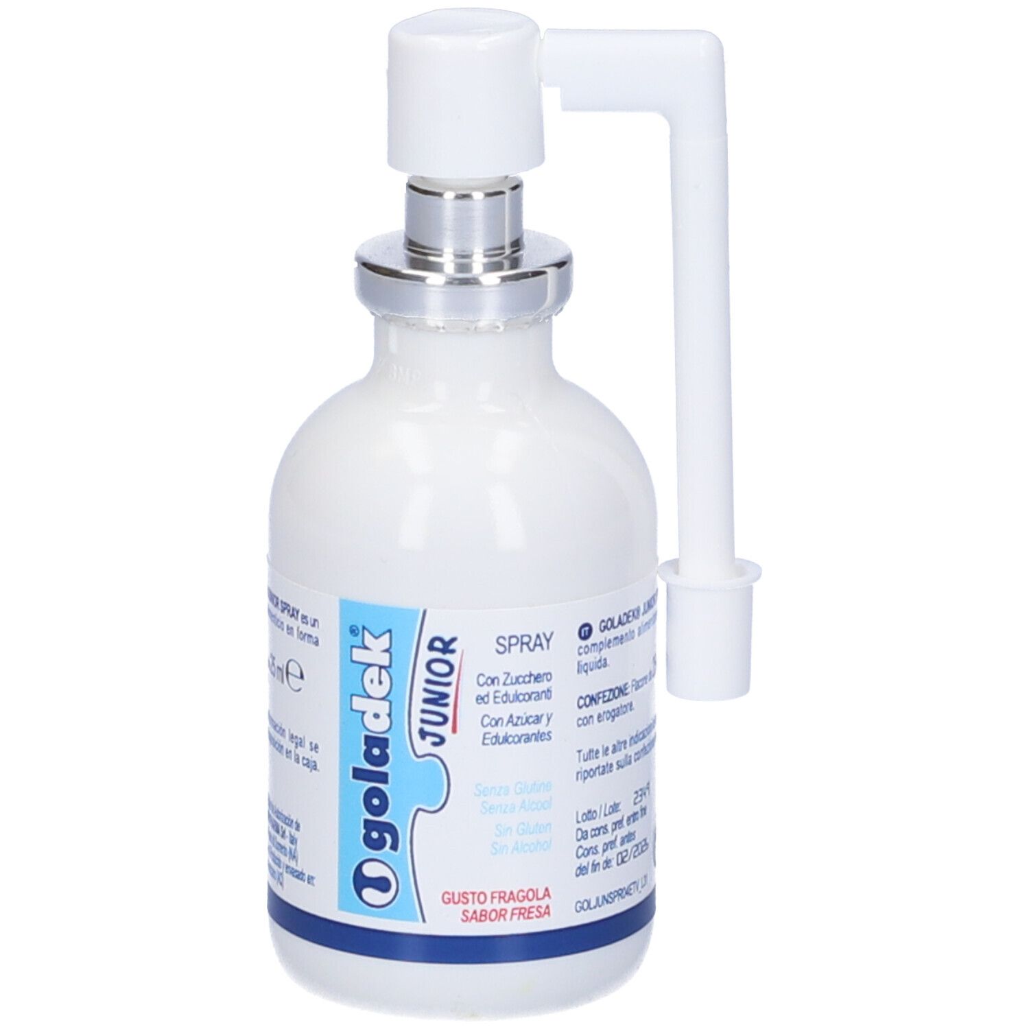 Flacone spray bianco con erogatore bianco. Scritta: Goladek Junior, Spray, gusto fragola. Con dosatore.