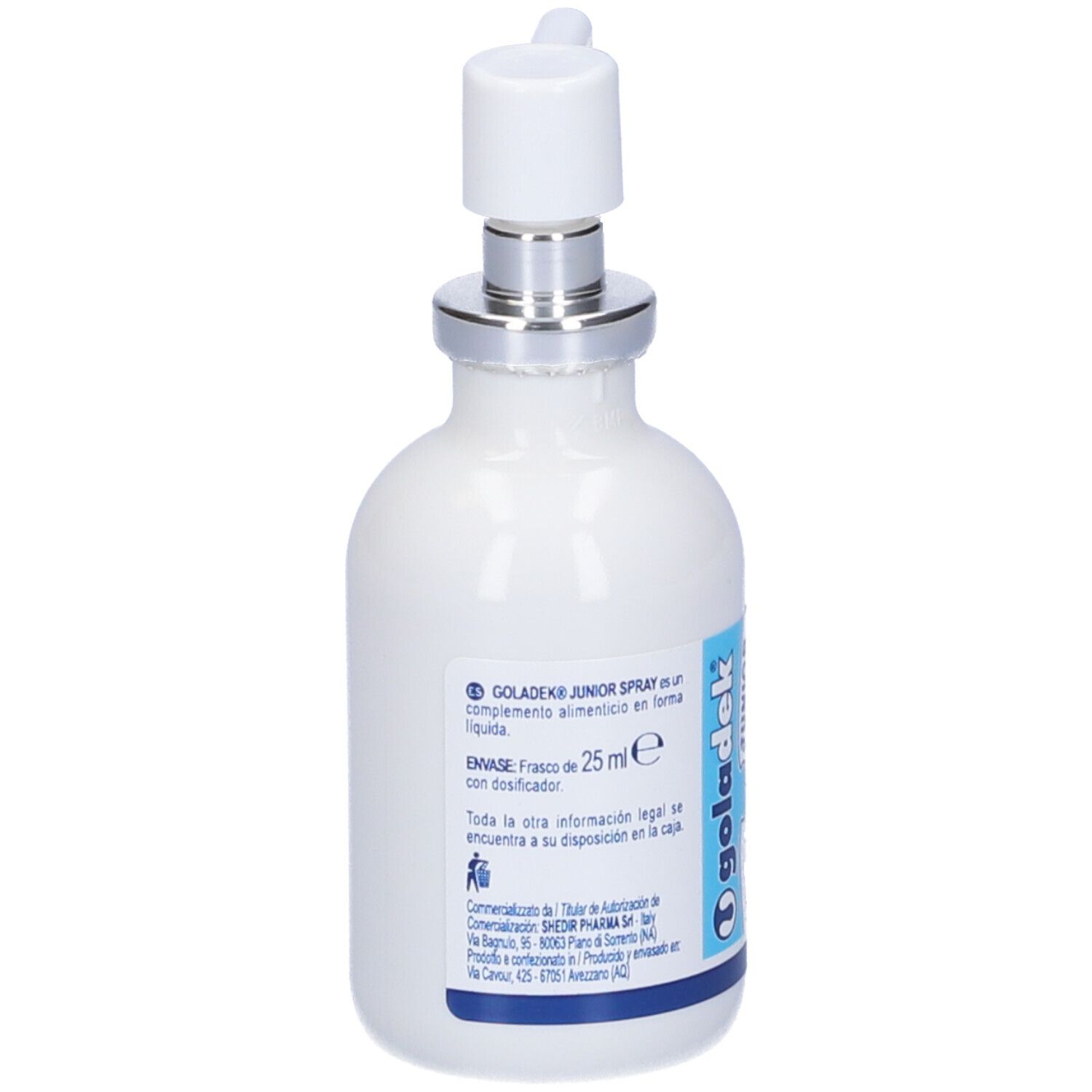 Flacone spray bianco con erogatore bianco. Scritta: Goladek Junior, Spray, gusto fragola. Con dosatore.