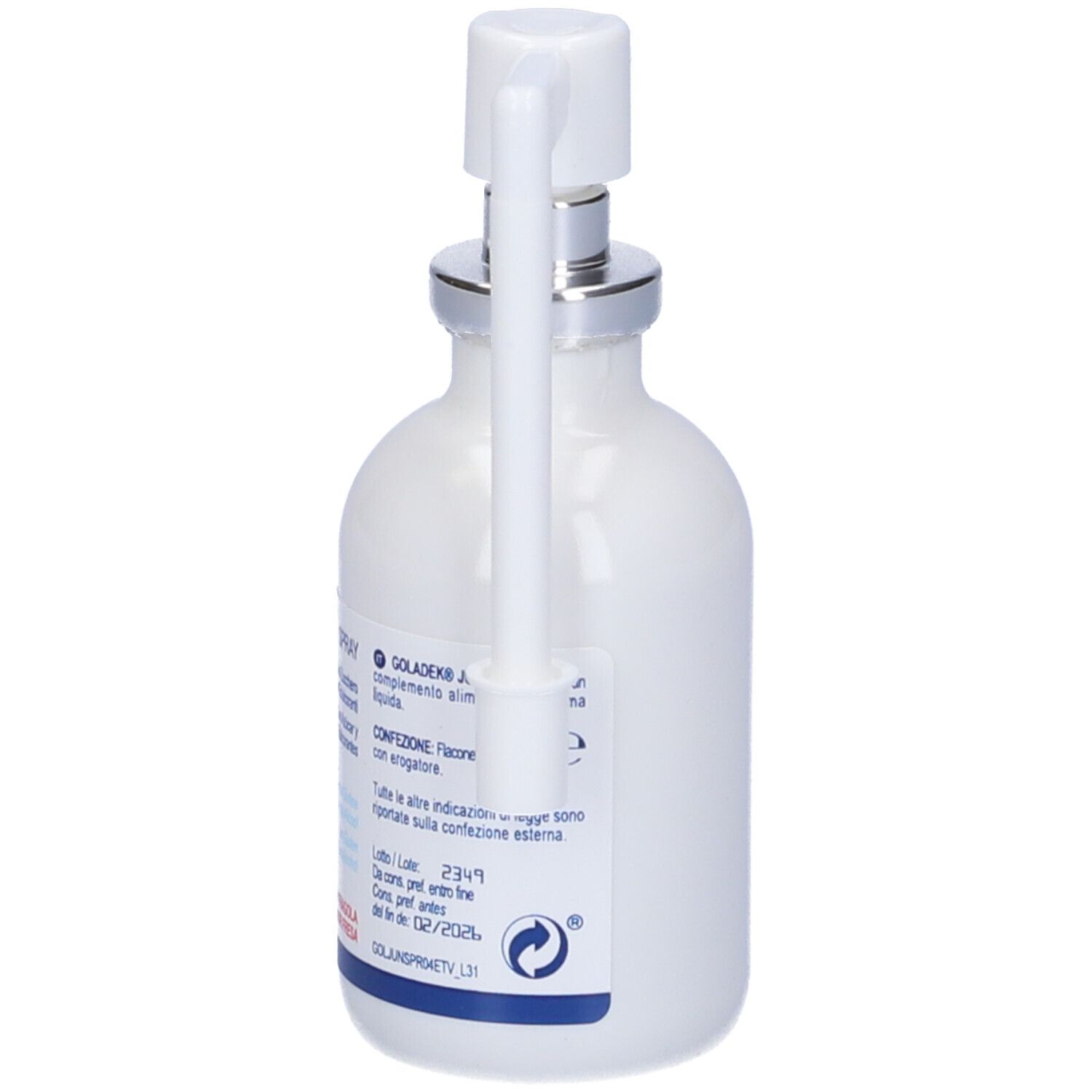 Flacone spray bianco con erogatore bianco. Scritta: Goladek Junior, Spray, gusto fragola. Con dosatore.