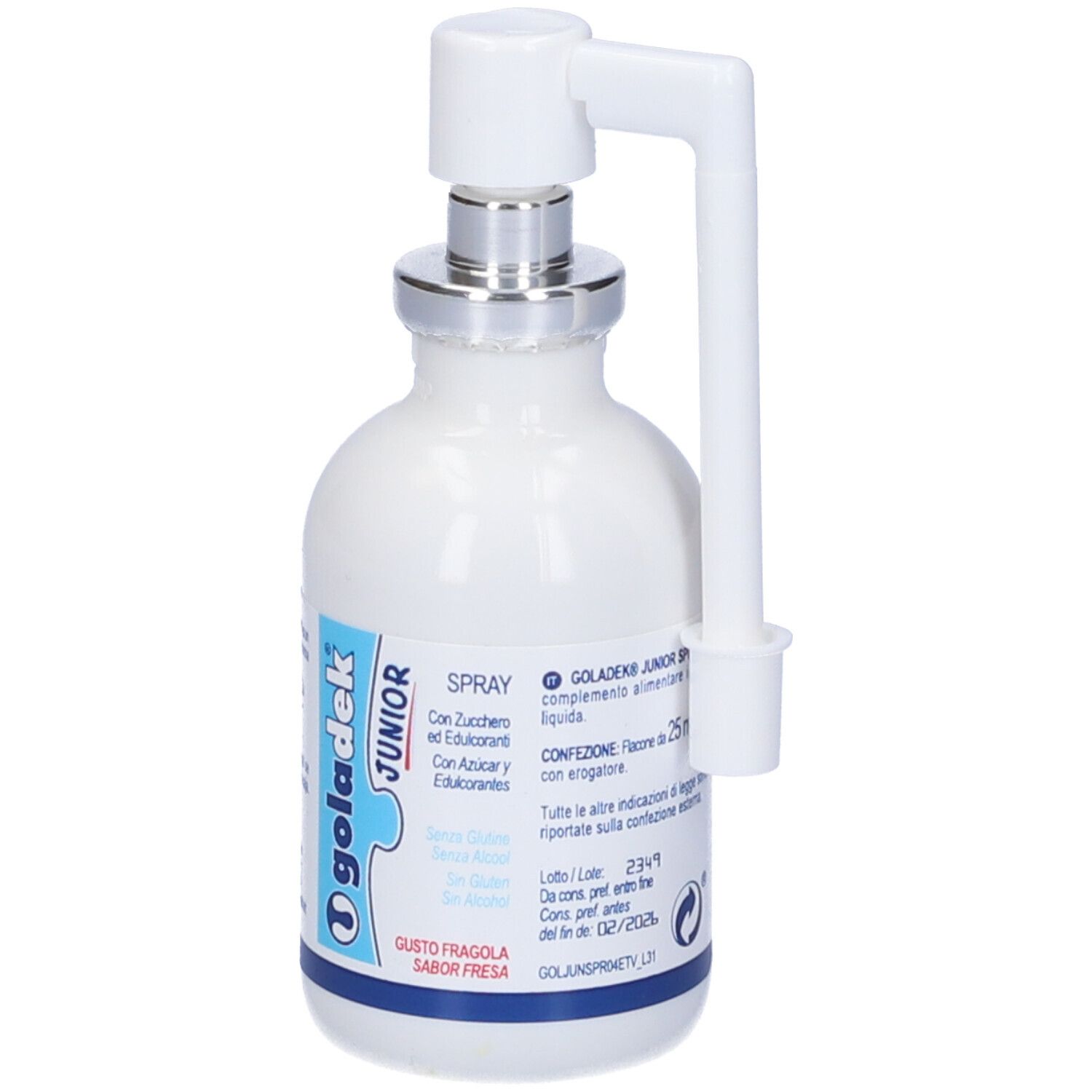 Flacone spray bianco con erogatore bianco. Scritta: Goladek Junior, Spray, gusto fragola. Con dosatore.
