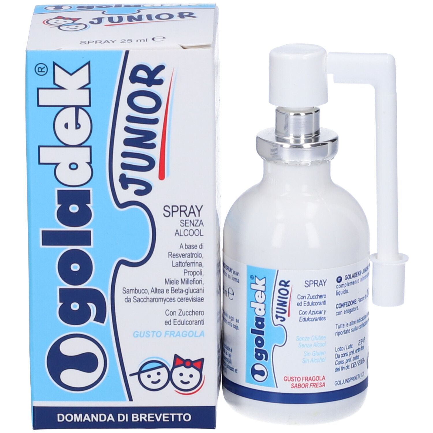 Spray Goladek Junior e confezione. Flacone spray bianco con erogatore e confezione.