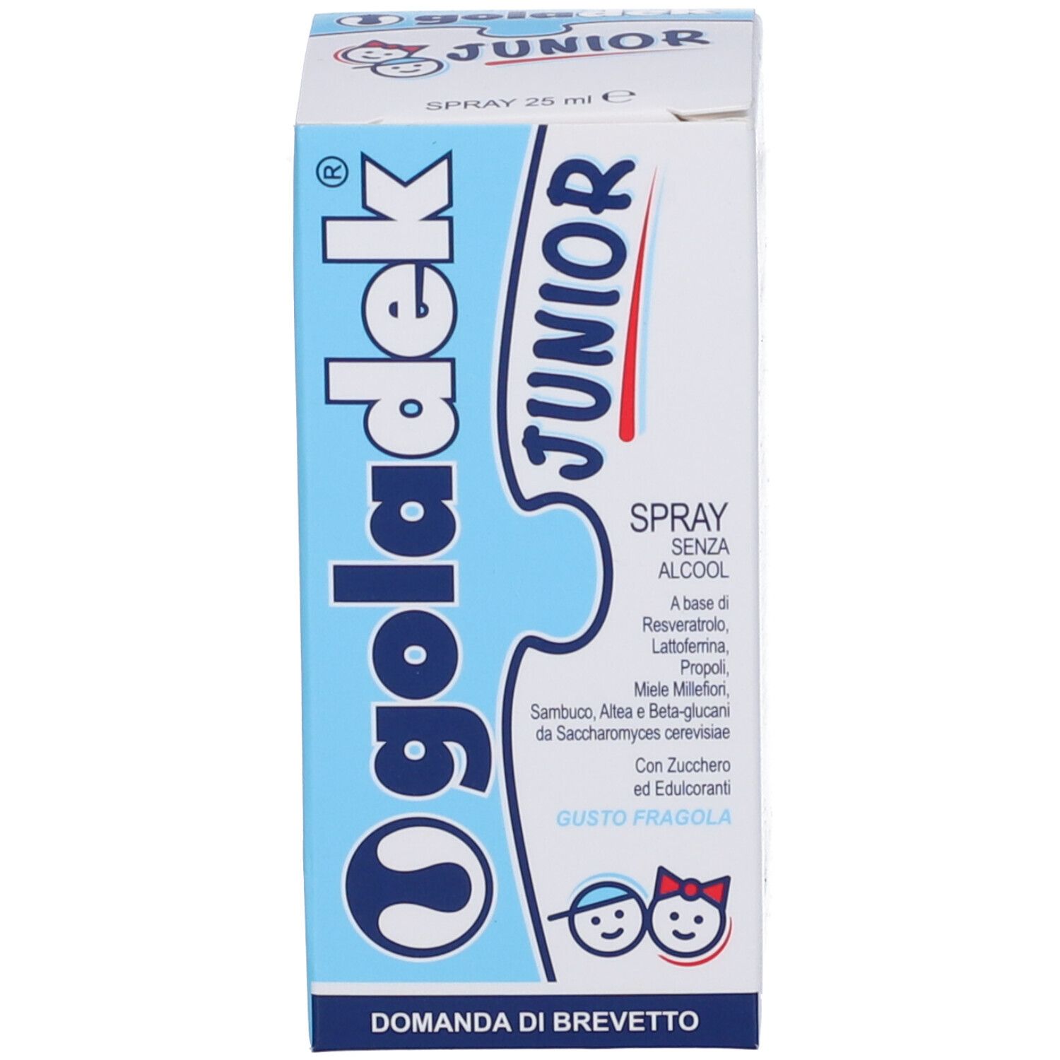 Confezione blu con il nome del prodotto Goladek Junior. Scritta: Spray, senza alcool, gusto fragola.