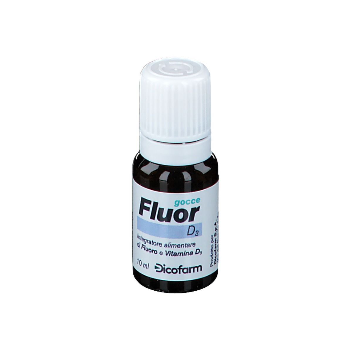 Flacone di vetro marrone con tappo bianco. Scritta Fluor D3, testo sottostante. Marchio Dicofarm.