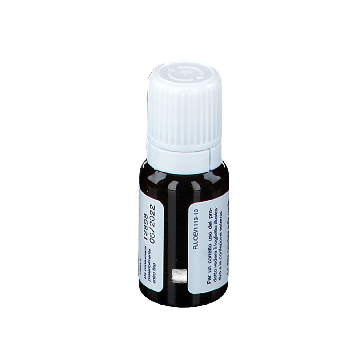 Flacone di vetro marrone con tappo bianco. Scritta Fluor D3. Etichetta con testo e numero di lotto.