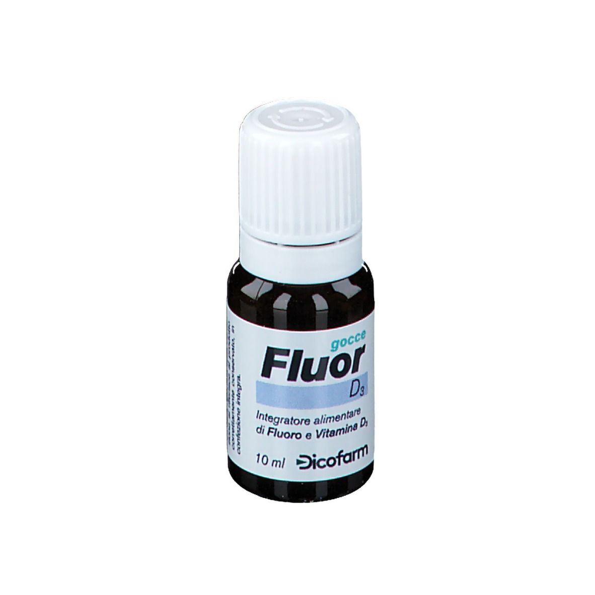 Flacone di vetro marrone con tappo bianco. Scritta Fluor D3, testo sottostante. Marchio Dicofarm.