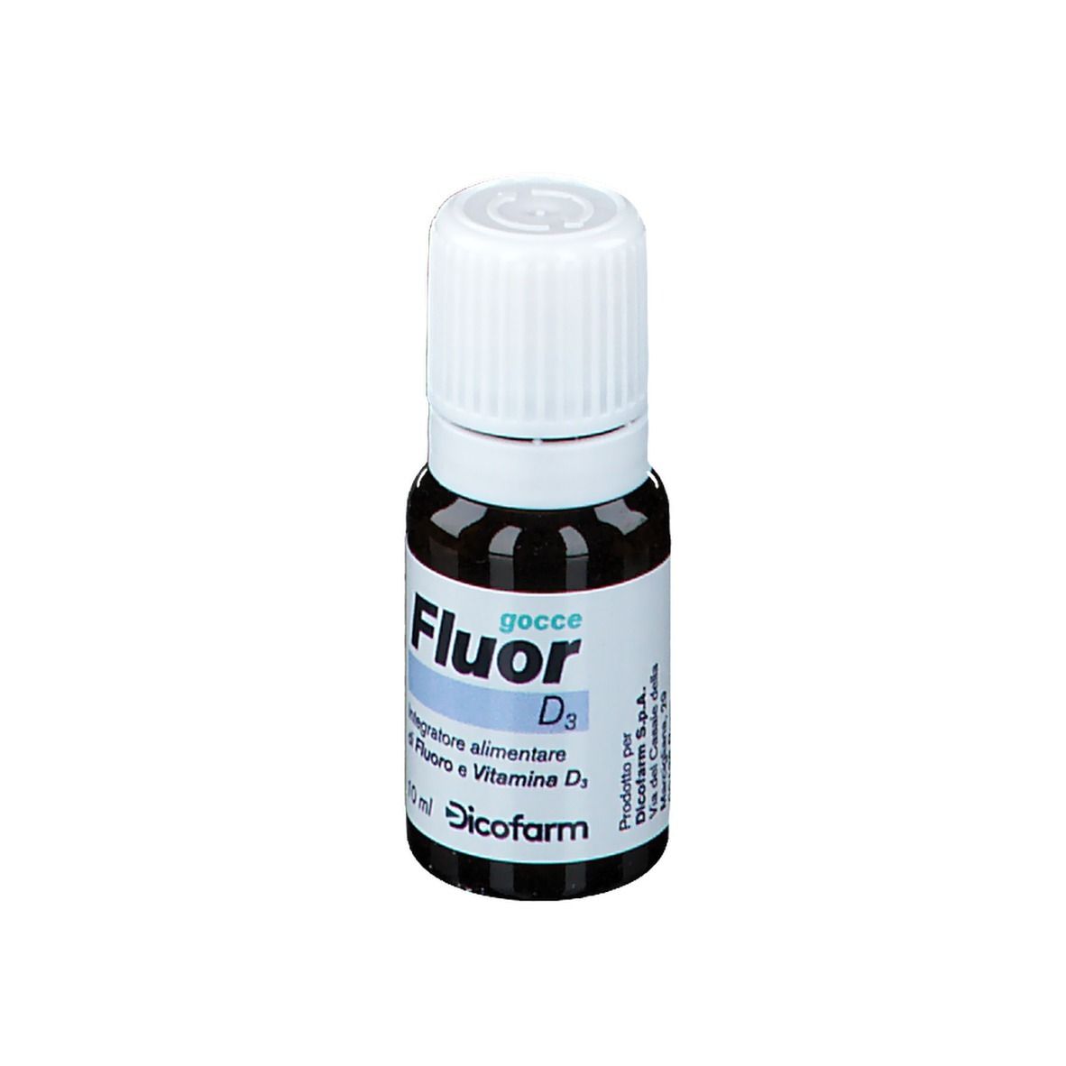 Flacone di vetro marrone con tappo bianco. Scritta Fluor D3, testo sottostante. Marchio Dicofarm.