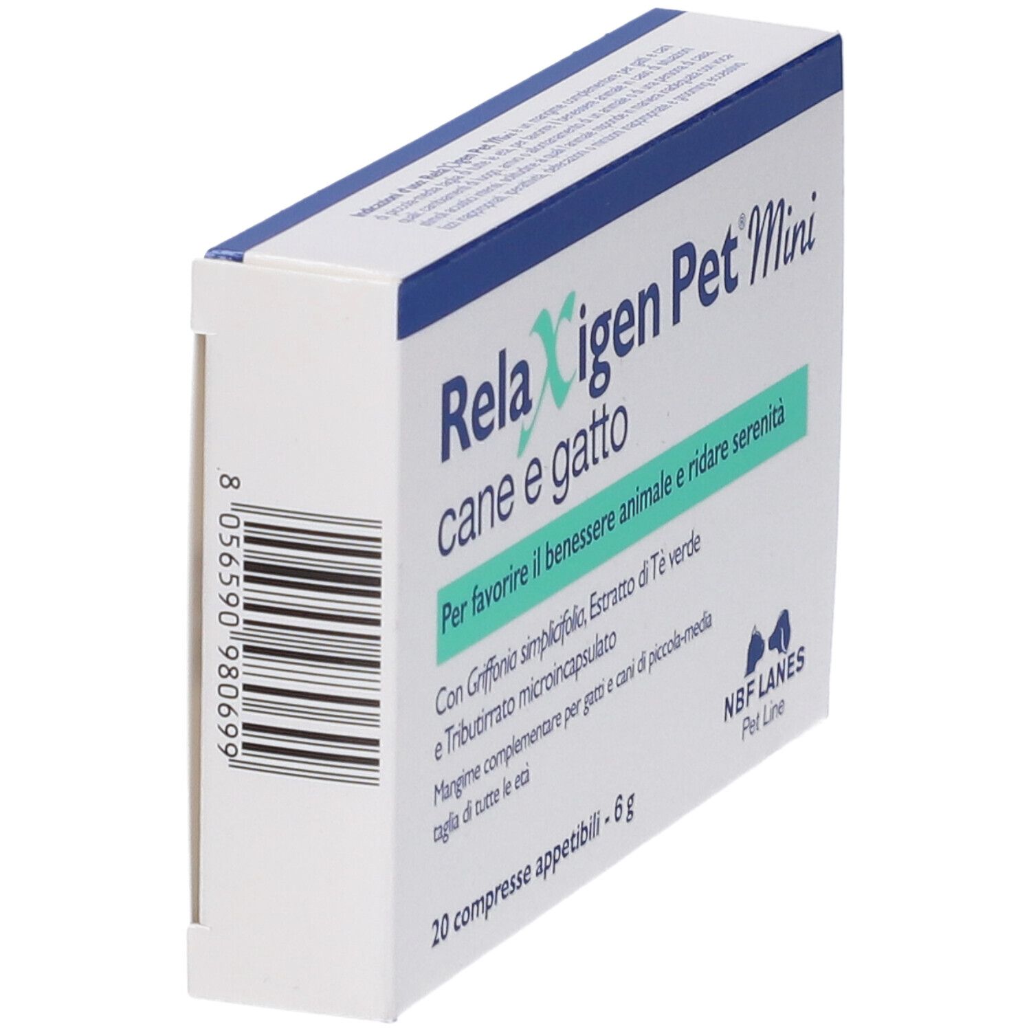Seitenansicht der Verpackung von NBF Lanes Relaxigen Pet Mini für Hunde und Katzen.