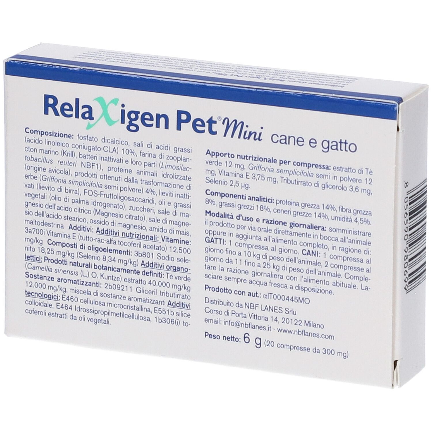 Rückseite der Verpackung von NBF Lanes Relaxigen Pet Mini für Hunde und Katzen mit Inhaltsstoffen.