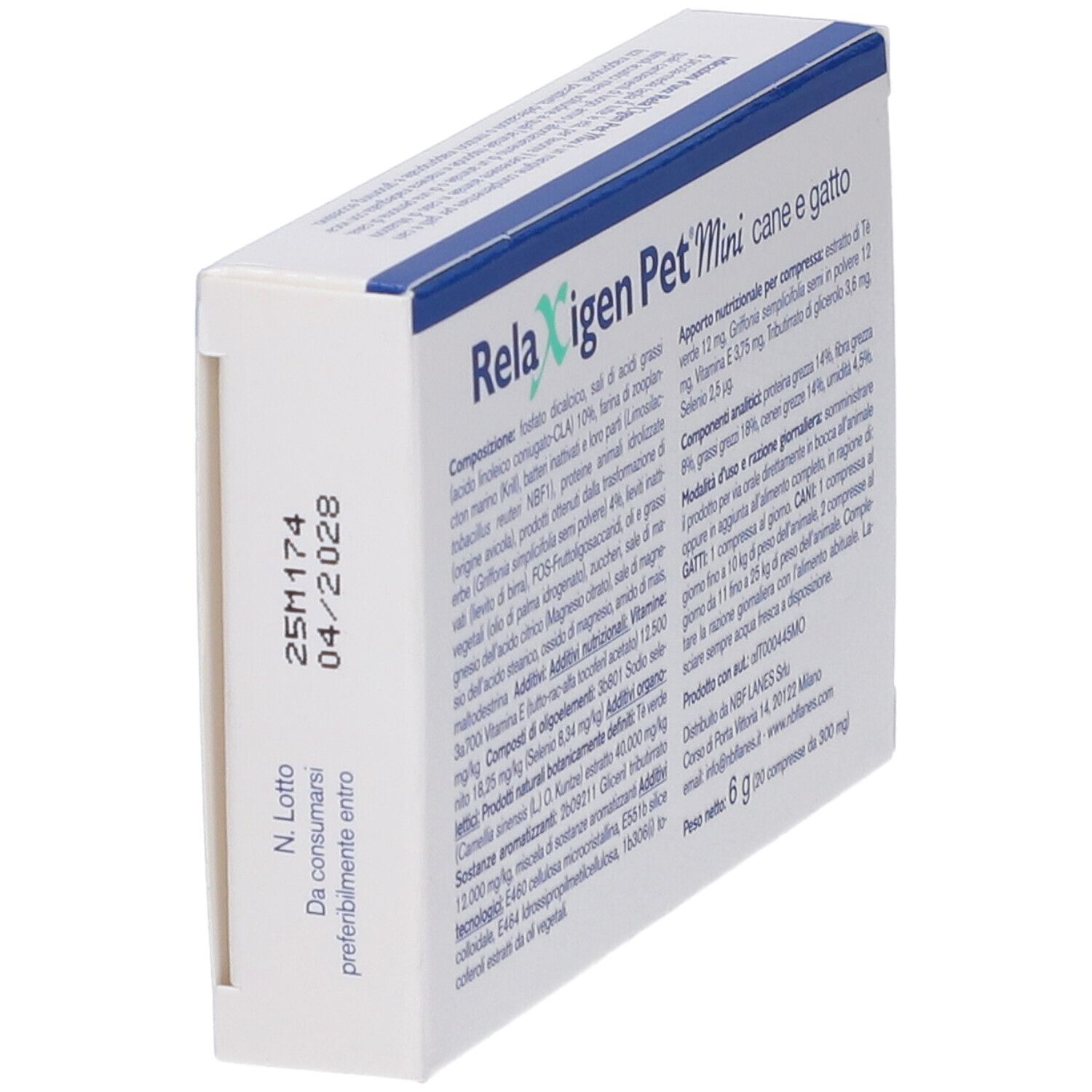 Seitenansicht der Verpackung von NBF Lanes Relaxigen Pet Mini für Hunde und Katzen mit Chargennummer.