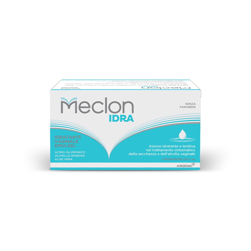 Scatola di Meclon IDRA. Scritto: IDRATANTE VAGINALE EMULGEL, ingredienti, senza parabeni.