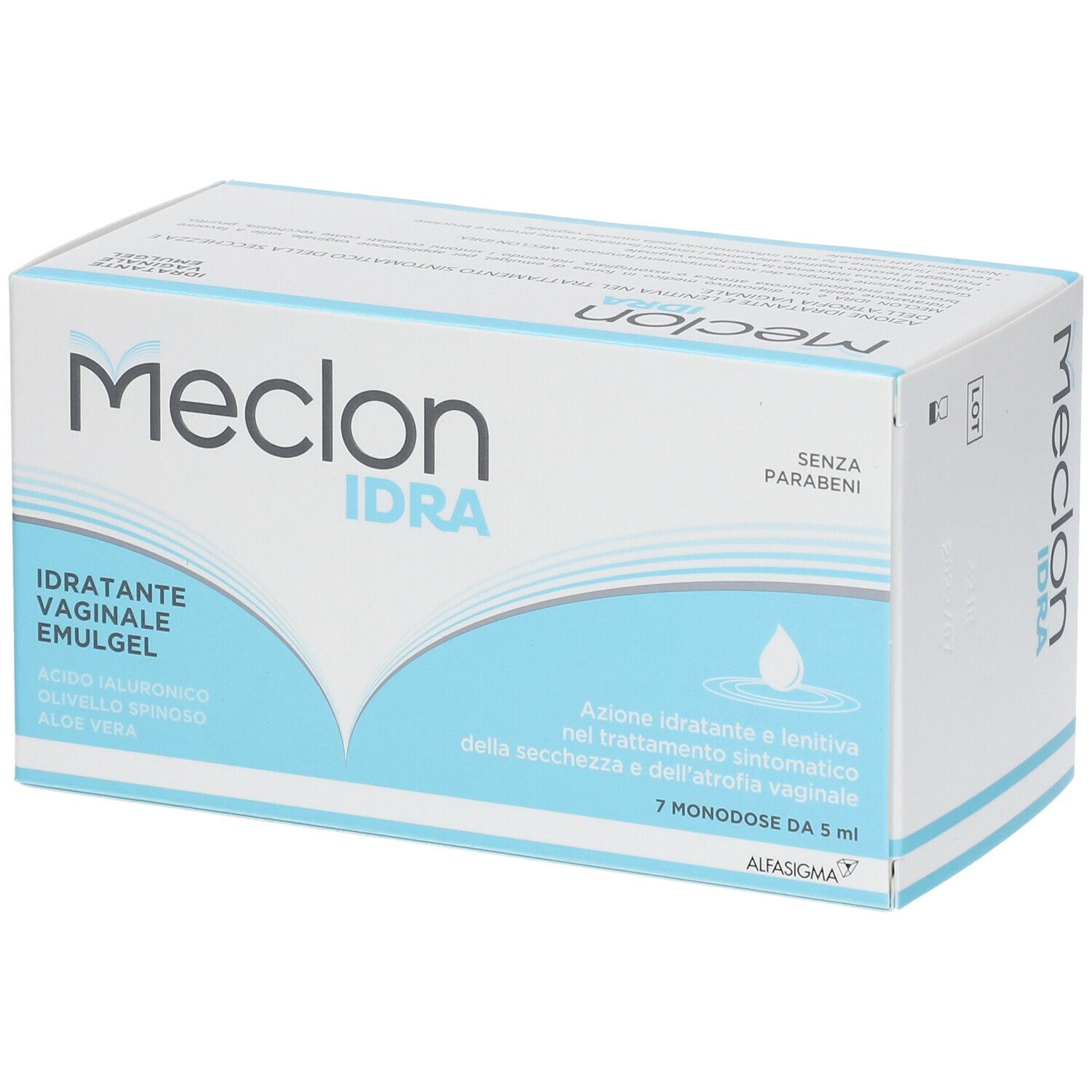 Confezione Meclon IDRA. Scritto: IDRATANTE VAGINALE EMULGEL, 7 monodose da 5 ml, senza parabeni.