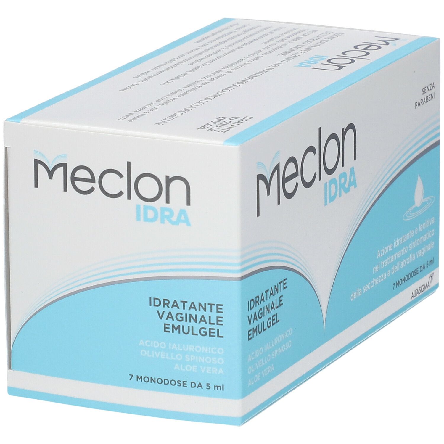 Confezione Meclon IDRA. Scritto: IDRATANTE VAGINALE EMULGEL, 7 monodose da 5 ml, senza parabeni.