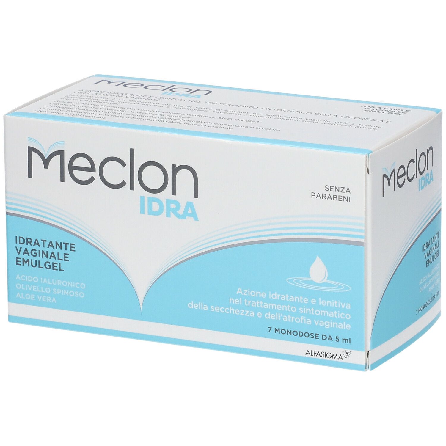 Confezione Meclon IDRA. Scritto: IDRATANTE VAGINALE EMULGEL, 7 monodose da 5 ml, senza parabeni.