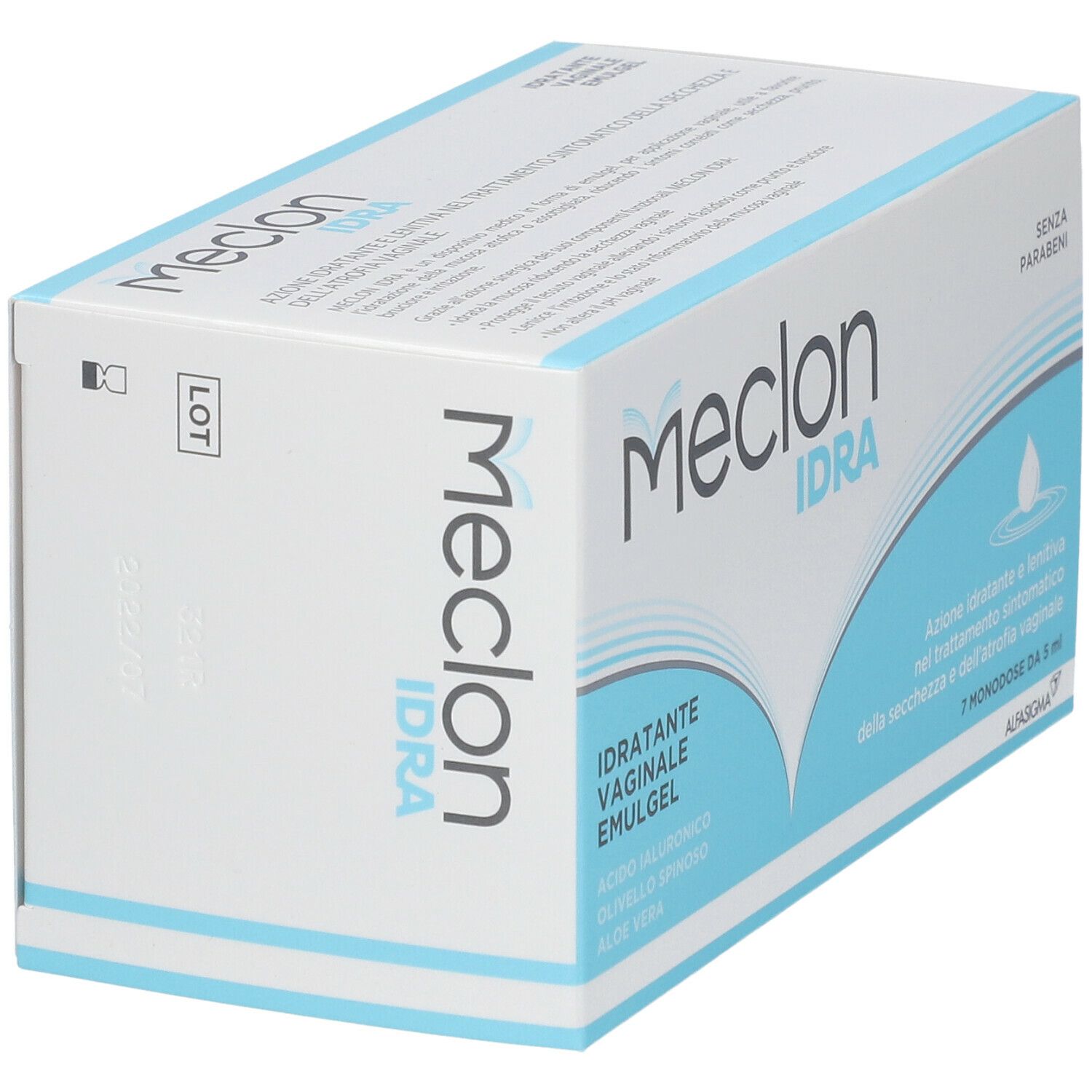 Confezione Meclon IDRA. Scritto: IDRATANTE VAGINALE EMULGEL, 7 monodose da 5 ml, senza parabeni.
