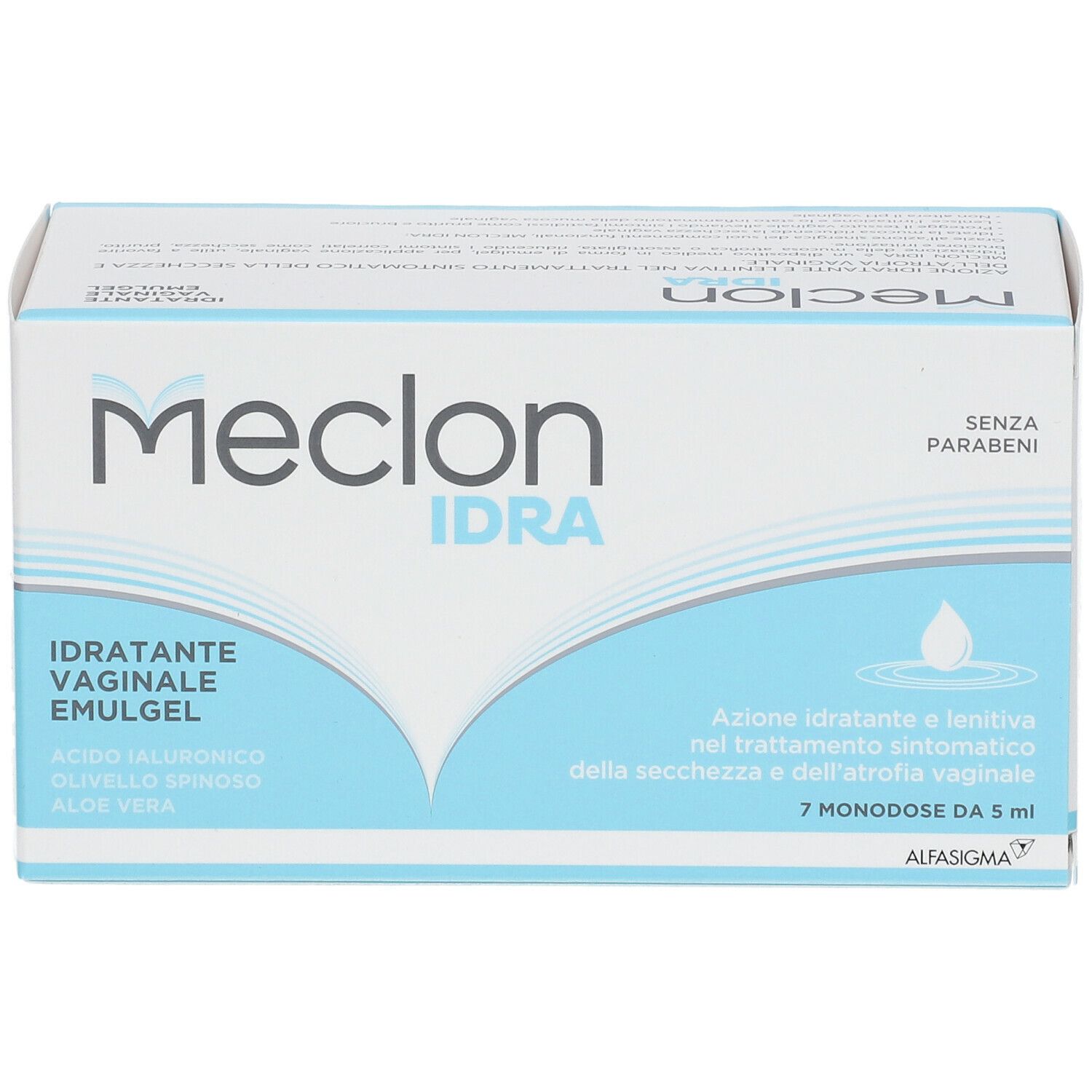Confezione Meclon IDRA. Scritto: IDRATANTE VAGINALE EMULGEL, 7 monodose da 5 ml, senza parabeni.
