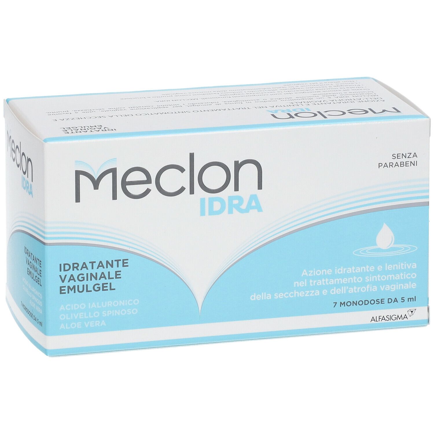 Confezione Meclon IDRA. Scritto: IDRATANTE VAGINALE EMULGEL, 7 monodose da 5 ml, senza parabeni.