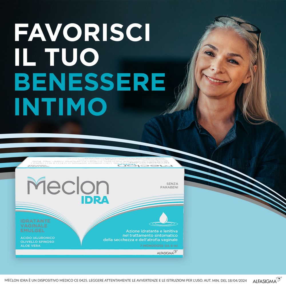 Immagine pubblicitaria con donna e confezione Meclon IDRA. Testo: Favorisci il tuo benessere intimo.