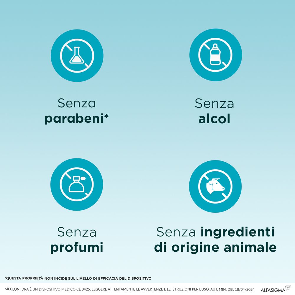 Grafica con simboli. Testo: Senza parabeni, alcol, profumi e ingredienti di origine animale.