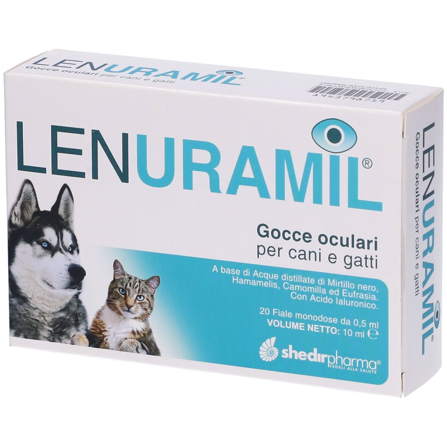 Confezione di Lenuramil Gocce Oculari. Contiene 20 fiale monodose. Immagini di cane e gatto.