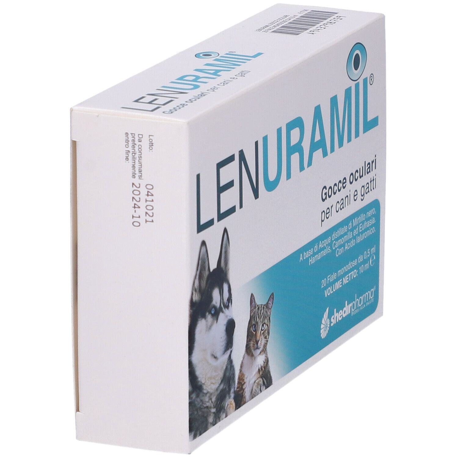 Vista angolata della confezione Lenuramil Gocce Oculari. Testo e immagini di cane e gatto visibili.