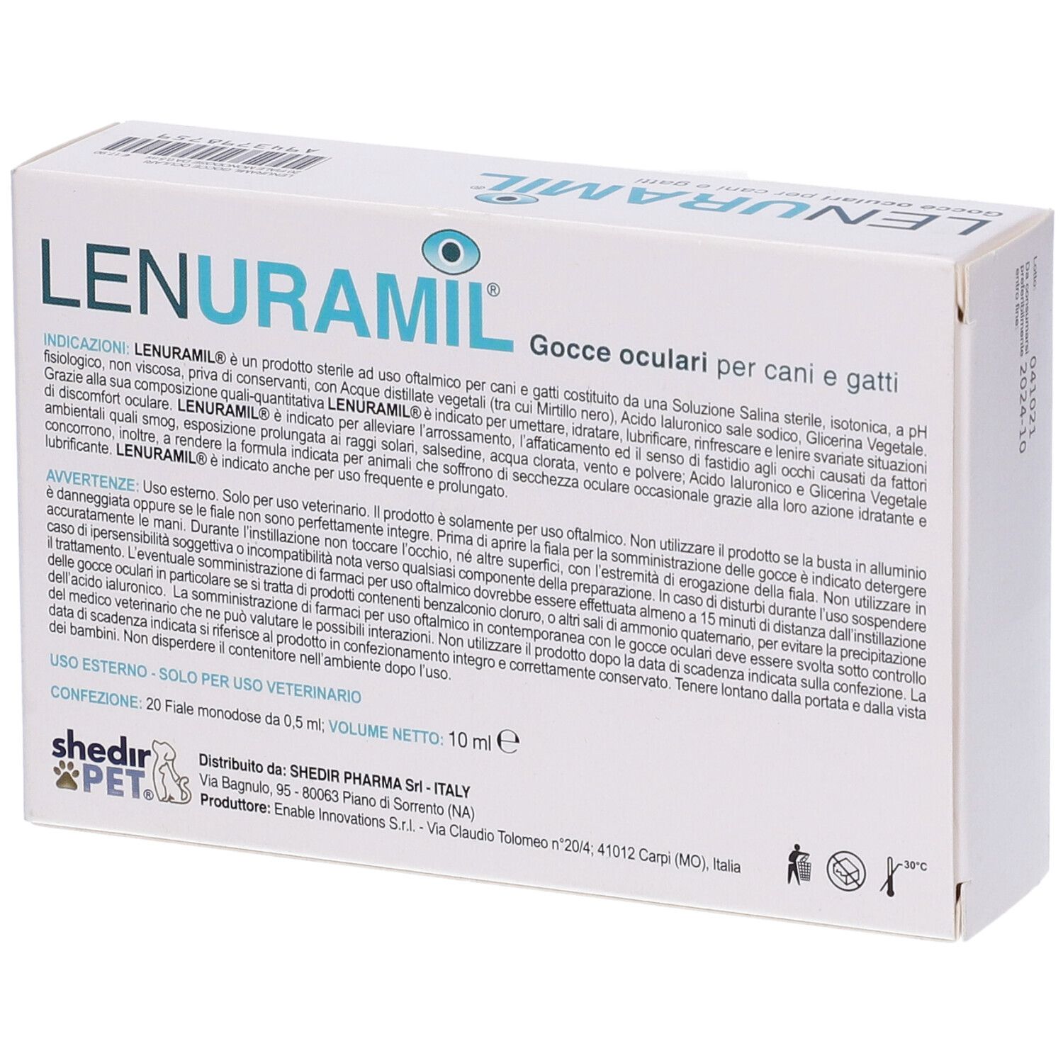 Retro della confezione Lenuramil Gocce Oculari. Informazioni testuali visibili.