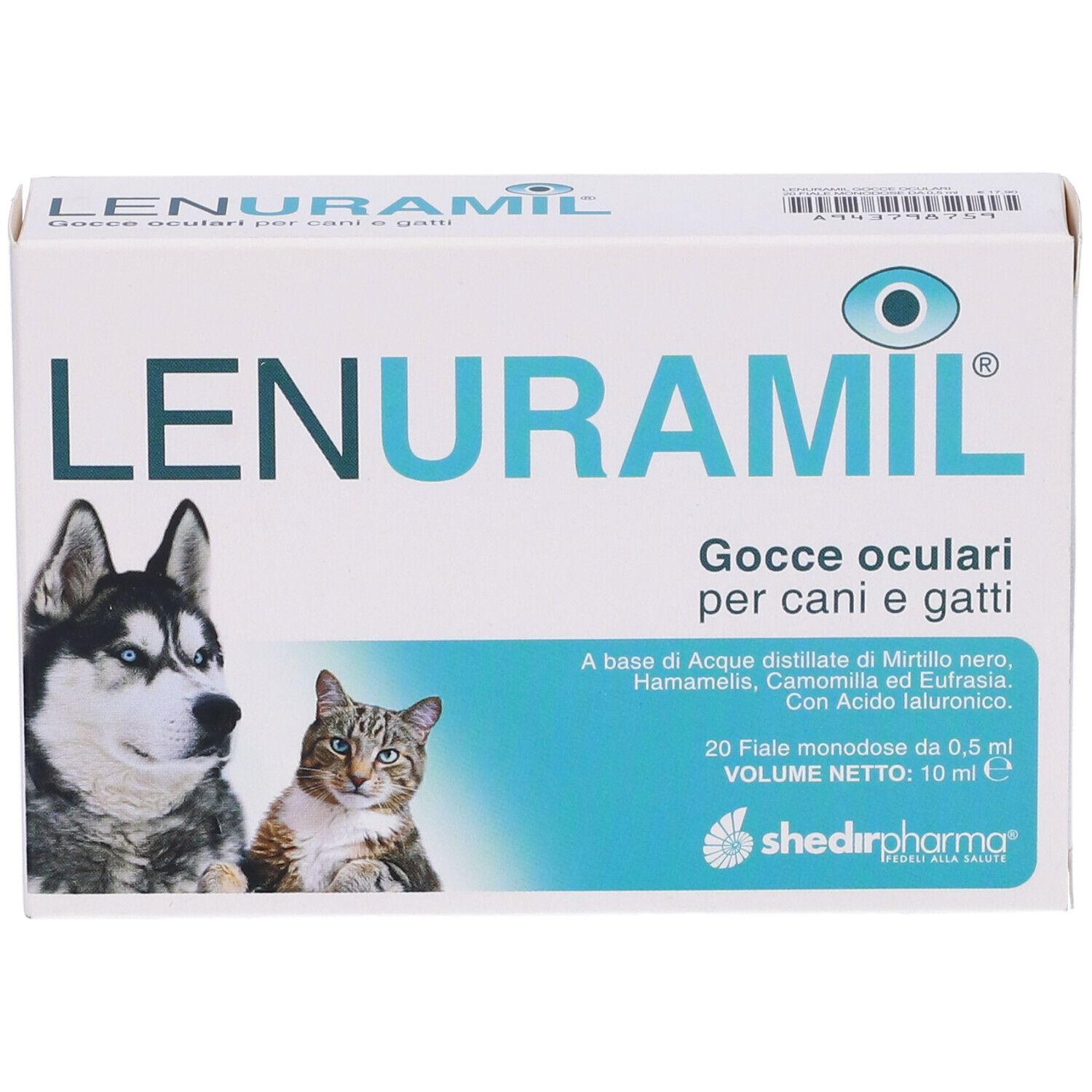 Confezione Lenuramil Gocce Oculari. Contiene 20 fiale monodose. Immagini di cane e gatto.