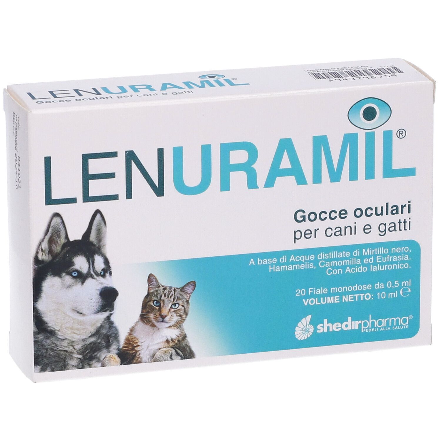 Confezione Lenuramil Gocce Oculari. Contiene 20 fiale monodose. Immagini di cane e gatto.