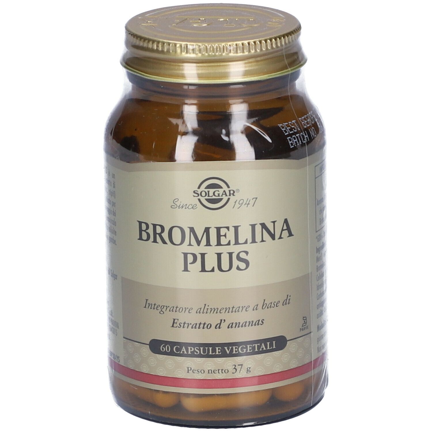 Flacone di vetro marrone con tappo dorato. Etichetta con nome prodotto e 'SOLGAR'. Contiene 60 capsule.
